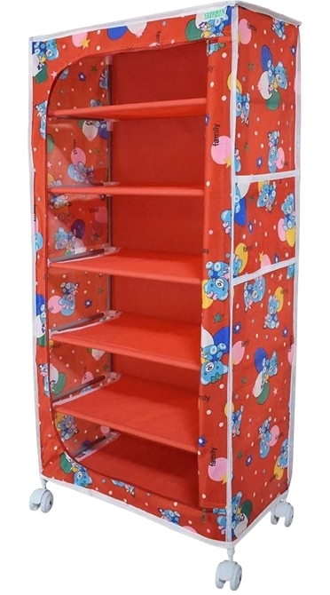 Multipurpose 6 Shelve Baby Wardrobe (Fabric Shelves) - Red (Iron)